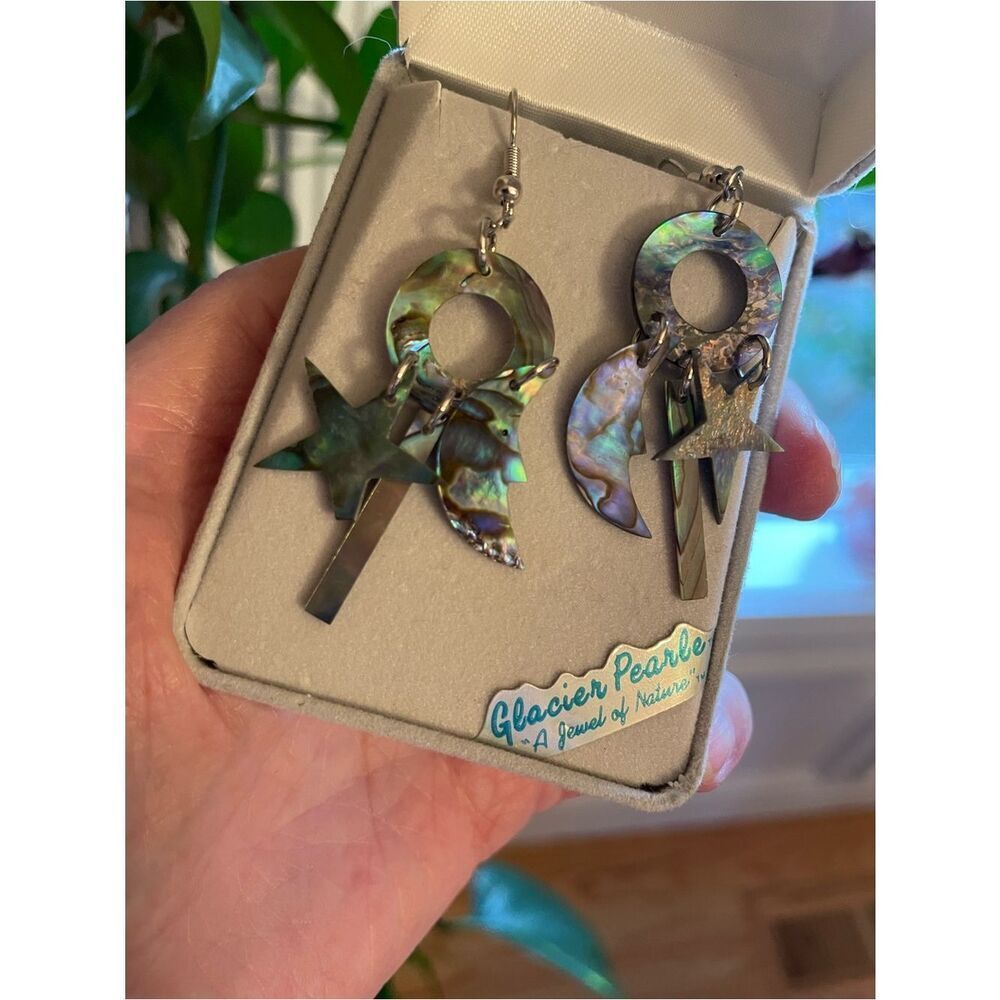 Abalone Glacier Pearls Shell Celestial Moon & Star Dangle Earrings - Picture 12 of 13